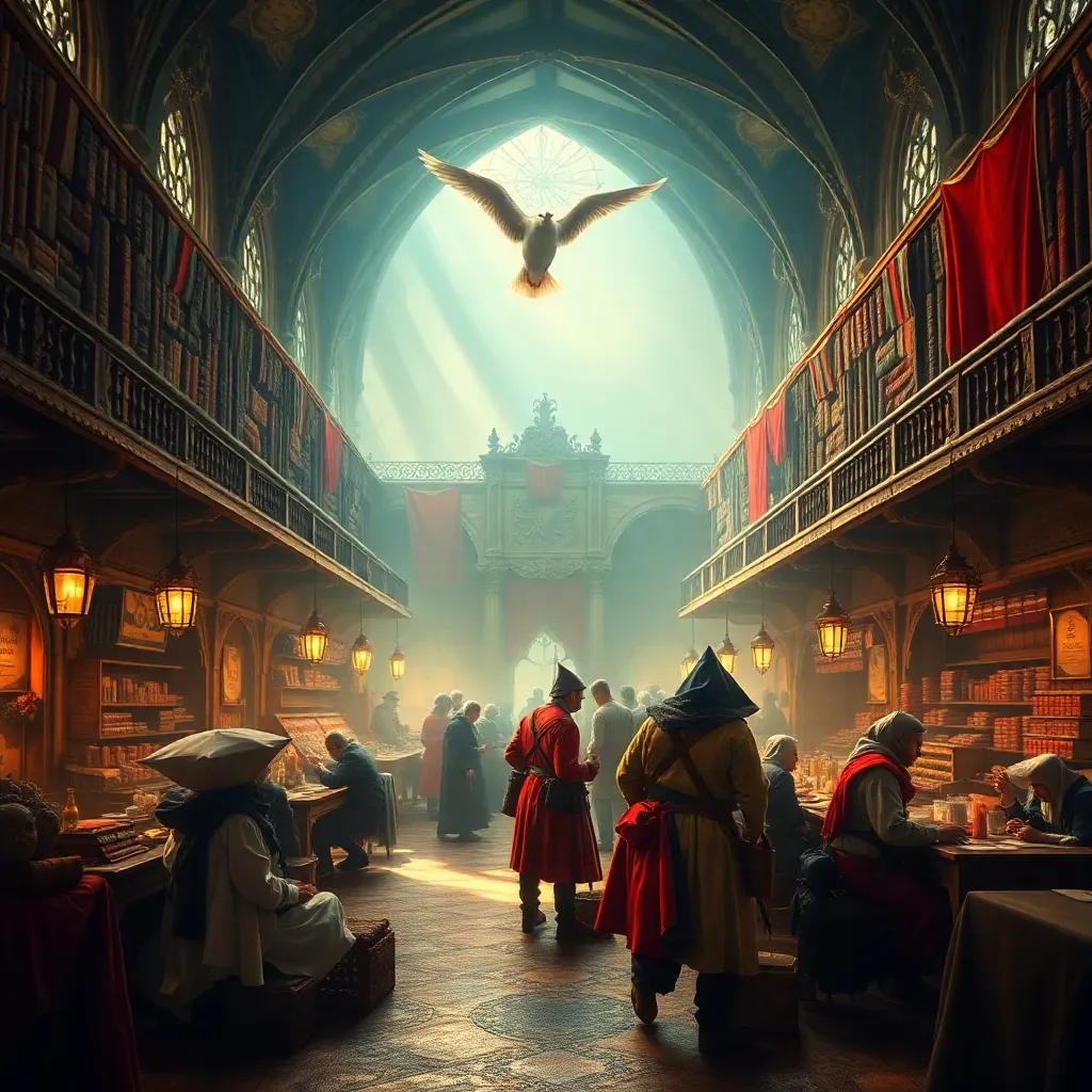 salão de bolsa de valores medieval-fantástico, mercadores em pânico olhando para pergaminhos e tabelas, um clérigo sereno entoando no centro, moedas voando, estandartes azuis surgindo entre tons vermelhos, composição rica e absurda, luz dourada dramática