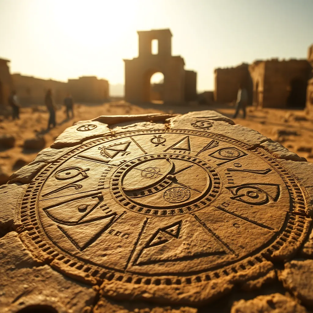close-up of an ancient stone tablet in a desert ruin engraved with pizza diagrams, star maps, slices, mysterious symbols, archaeologists in awe, dramatic golden sunlight, hyper-detailed textures, cinematic archaeological fantasy realism