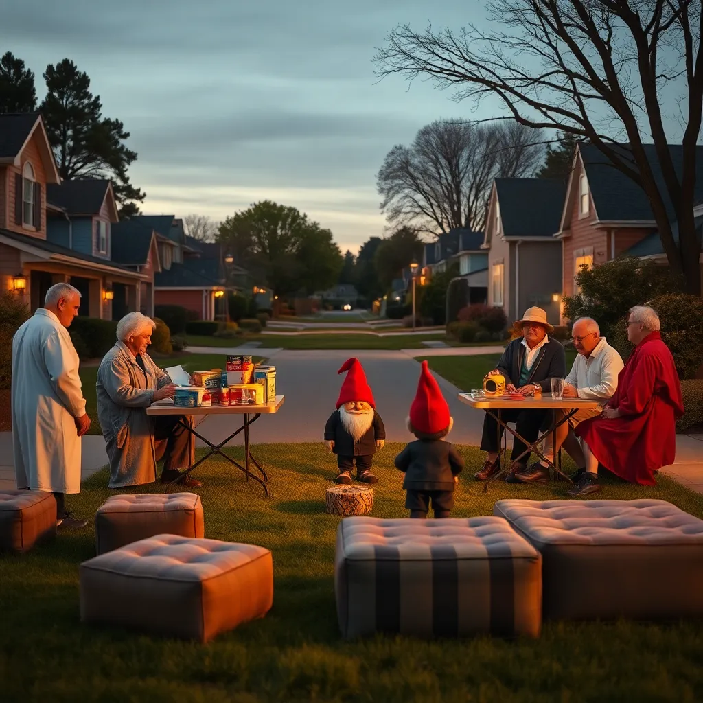 suburban street at dusk with neighbors in robes and slippers conducting a bizarre emergency preparedness meeting, hardware supplies on folding tables, a garden gnome facing north, ottomans oddly clustered on a lawn, cinematic suburban absurdity, highly detailed, soft evening light