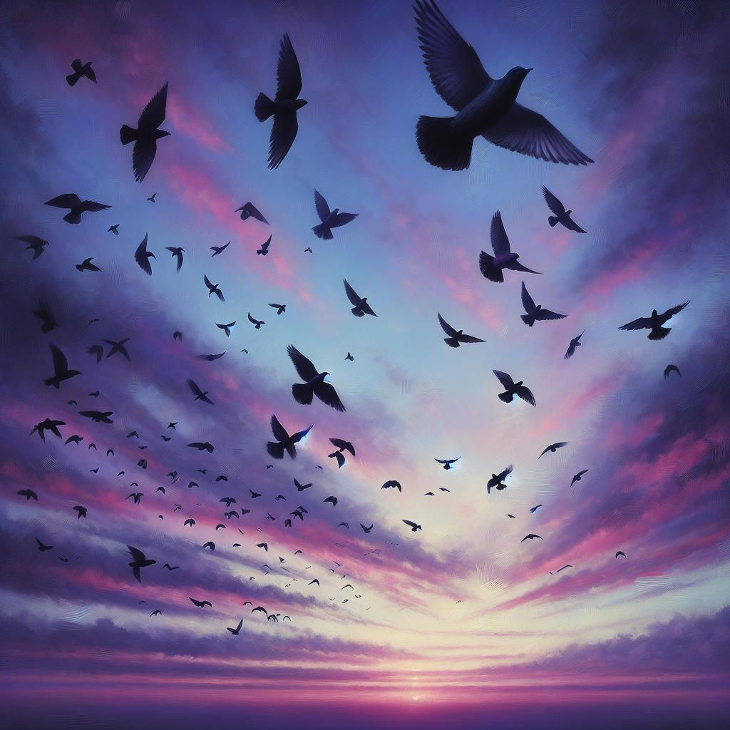 a flock of birds flying in the twilight sky, high detail, realistic, serene atmosphere