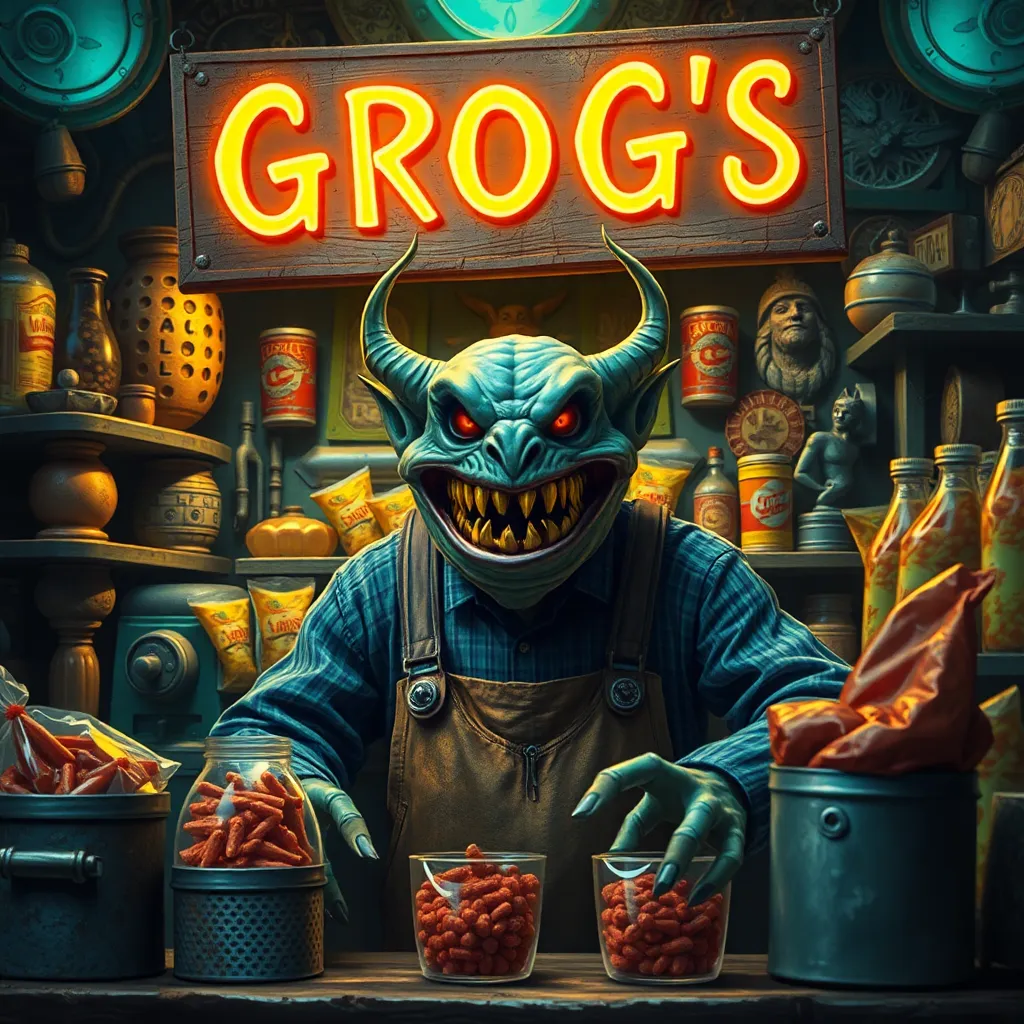 A Vorcha shopkeeper with a wide, terrifying grin standing behind a counter filled with rusty scrap metal and glowing neon snacks, a sign above him reads 'GROG'S' in flickering neon letters