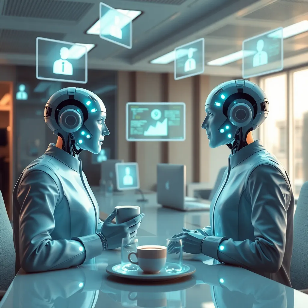 surreal corporate software interface visualized as multiple glowing AI assistants in a sleek Microsoft-style office, one AI asking another AI questions while a third summarizes on floating holographic screens, user overwhelmed with coffee, polished tech aesthetic, absurd recursive complexity