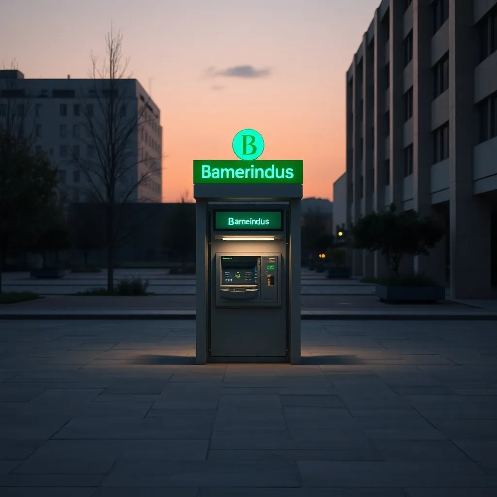 A wide shot of a lonely, well-maintained ATM kiosk in a quiet concrete plaza, the green Bamerindus logo glowing softly at dusk, no people visible, a sense of institutional permanence.