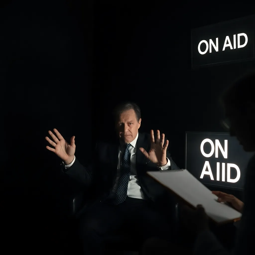 Tucker Carlson sitting in a dark room illuminated only by a 'On Air' sign, frantically waving his hands while a psychiatrist takes notes in the shadows, moody lighting, detailed textures
