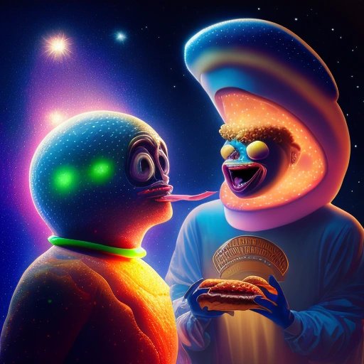 Burger King costume offering Whopper to an alien