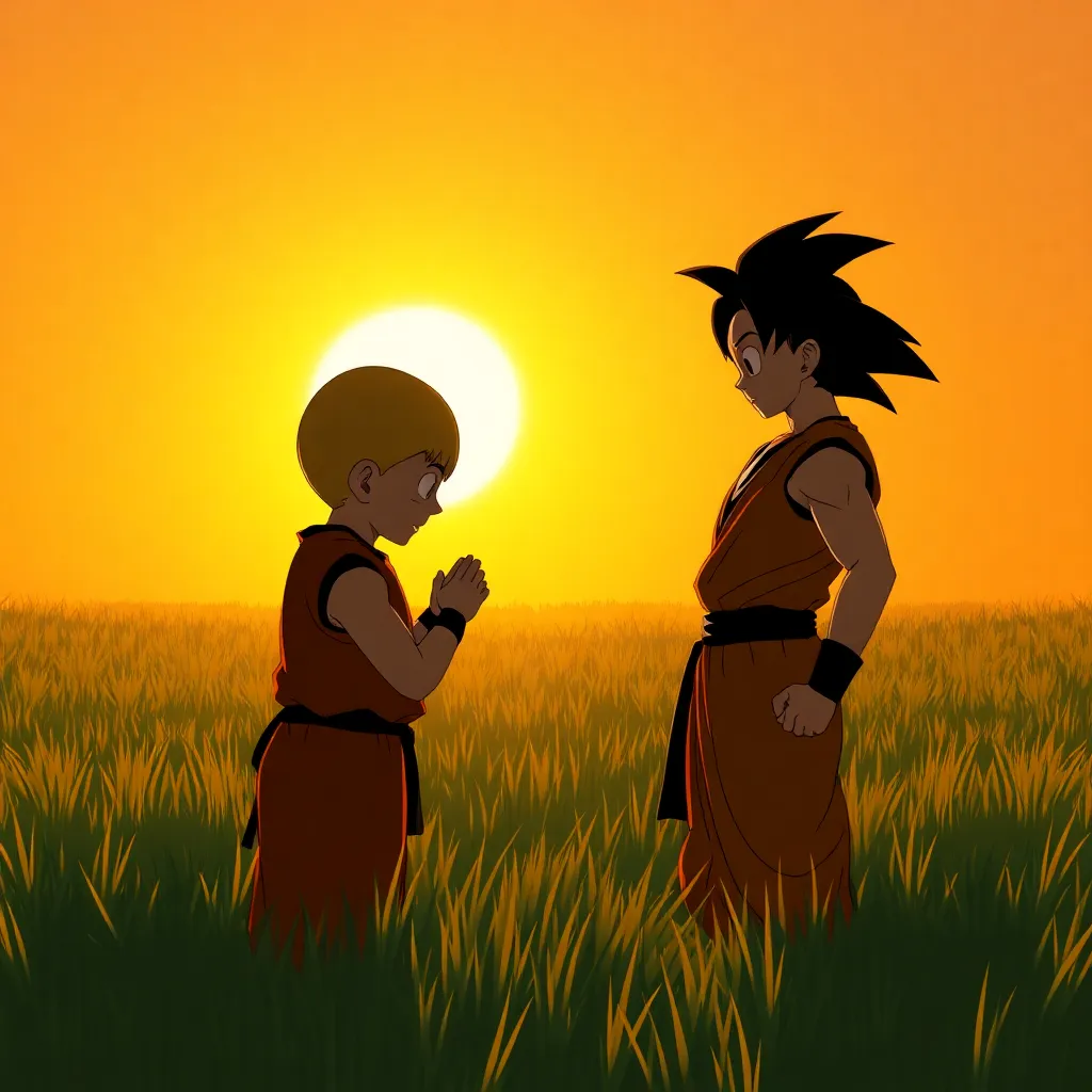 Goku bowing respectfully to Saitama in a grassy field, both silhouetted against a golden sunset, Saitama's expression subtly shifting from blank to faintly startled