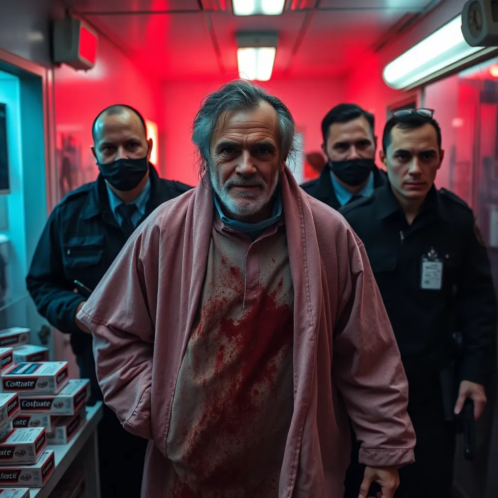 disheveled renegade dentist being escorted to safety by federal agents after a chaotic raid, wrapped in a thermal blanket, stained dental smock, neon lights, boxes of toothpaste everywhere, absurdly dramatic atmosphere, cinematic realism