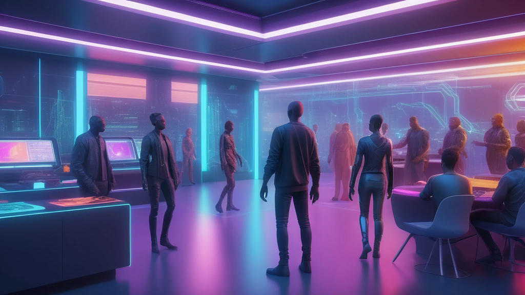 futuristic society with humans and AI coexisting harmoniously, diverse people interacting with AI, high-tech environment, vibrant colors, photorealistic, intricate details, concept art