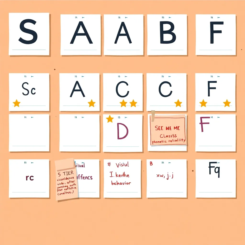 The official letter report cards, arranged like a school hallway display