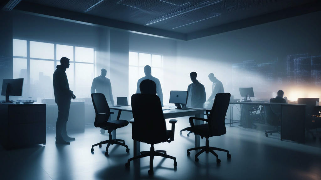 a team of programmers working together in a modern office, with ghostly figures in the background, high quality, extremely detailed, atmospheric lighting, collaborative environment