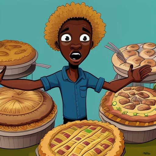 Confused Mozambican citizen surrounded by pies