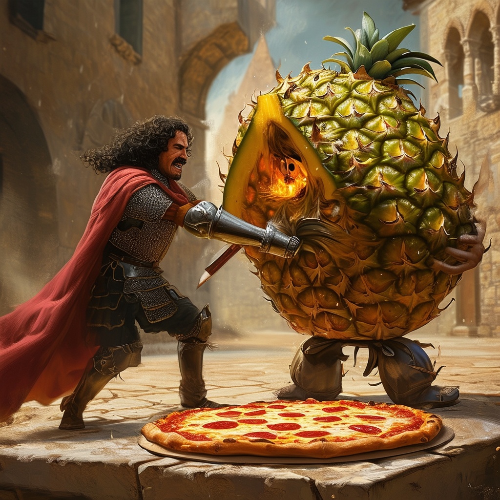 Inigo facing off against a giant anthropomorphic pineapple slice brandishing its own sword, complete with a pizza serving spatula as a shield