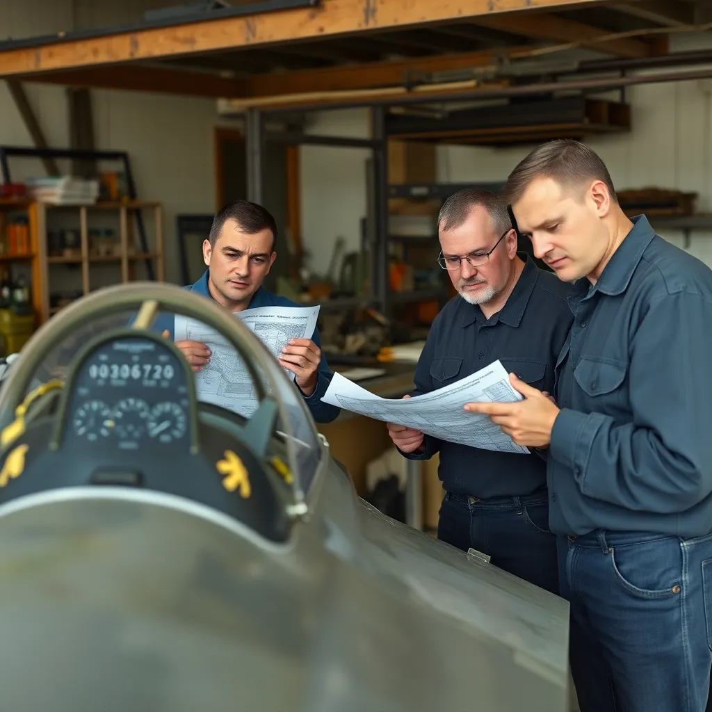 close view of inventive Ukrainian engineers examining blueprints on a workbench beside an assembled homemade-style jet fighter, recycled instruments, analog gauges, rugged cockpit, confident expressions, workshop realism, patriotic but practical atmosphere