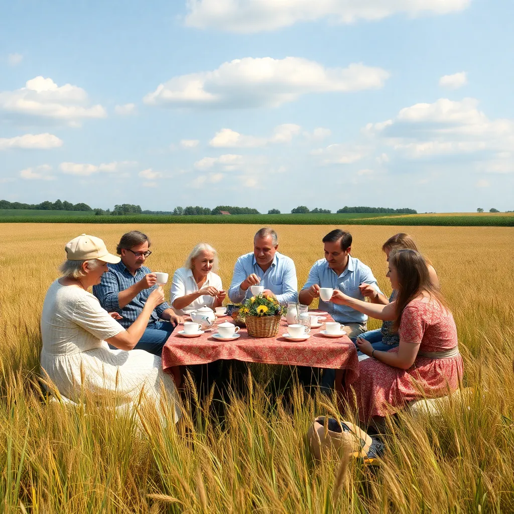 A group of people having a tea party in a field, but instead of tea, they are pouring sanity and common sense into their cups