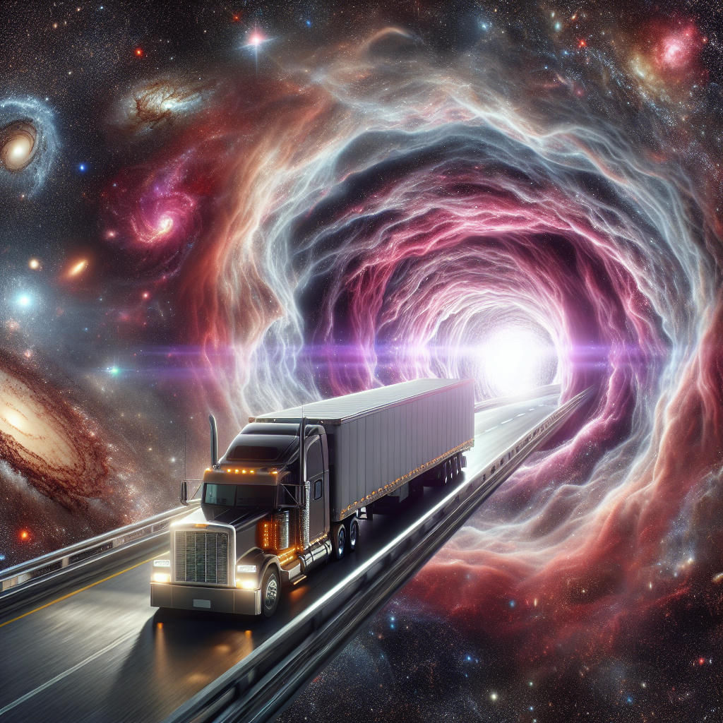 a semi-truck driving through a swirling wormhole, stars and galaxies in the background, hyper-realistic, 4k, cinematic, trending on artstation