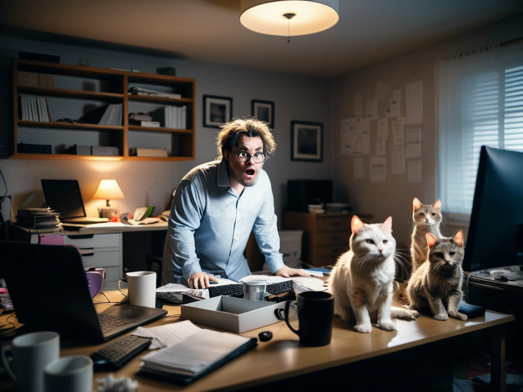 exhausted IT professional in pajamas speaking at a makeshift press conference in a messy home office, with cats walking across the desk, dramatic lighting