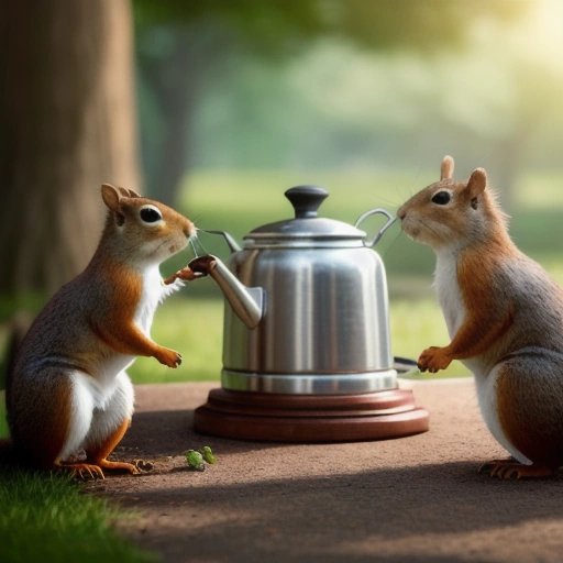 Squirrels drinking tea with the kettle