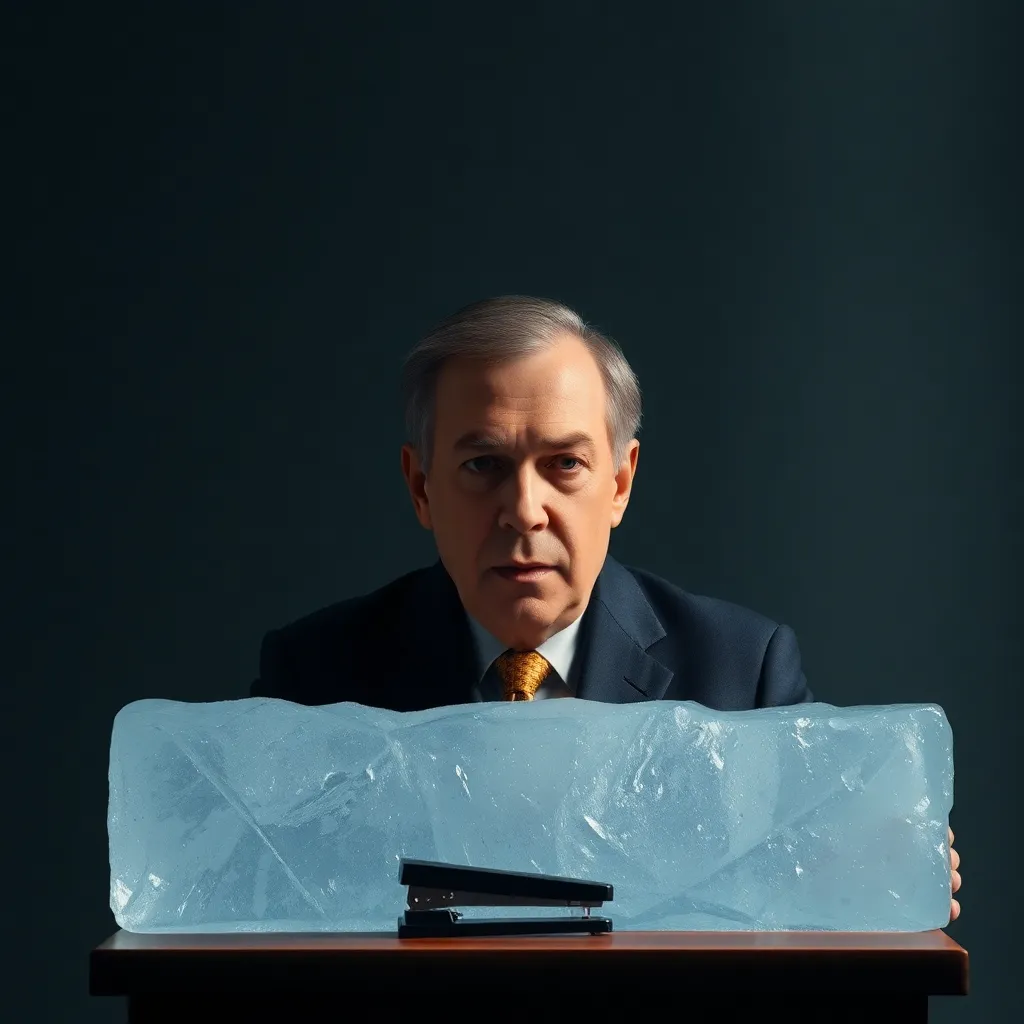 Jerome Powell standing at a podium made of solid ice, staring intensely into the camera with a blank expression, a single stapler sitting on the wood, dramatic shadows, hyper-realistic