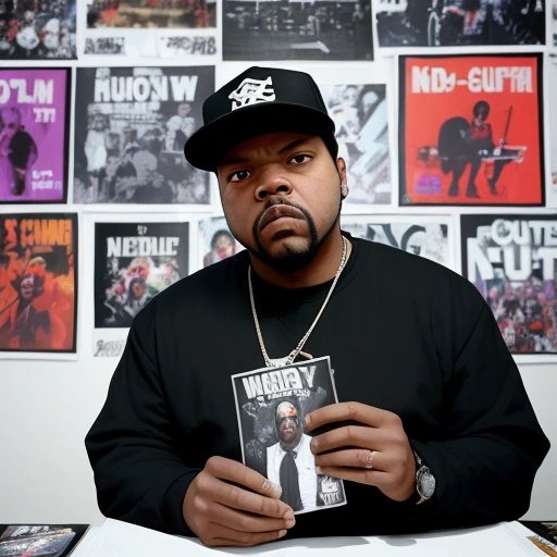 Ice Cube holding a copy of 'Straight Outta Compton'