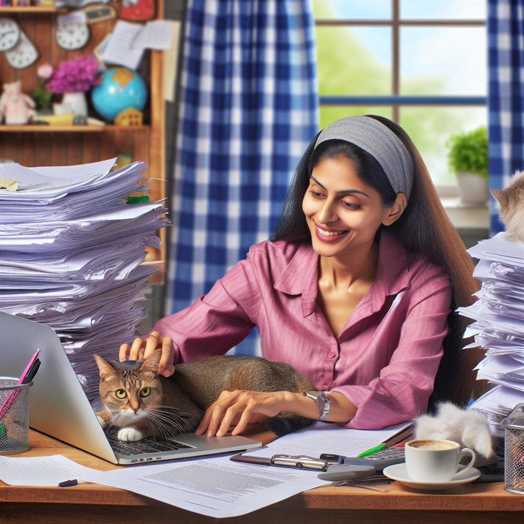 A person sitting at a desk with their work ignored, distracted by a cat.