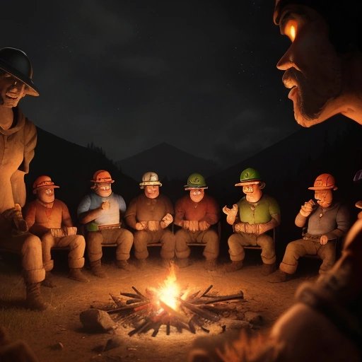 Miners sharing stories around a campfire