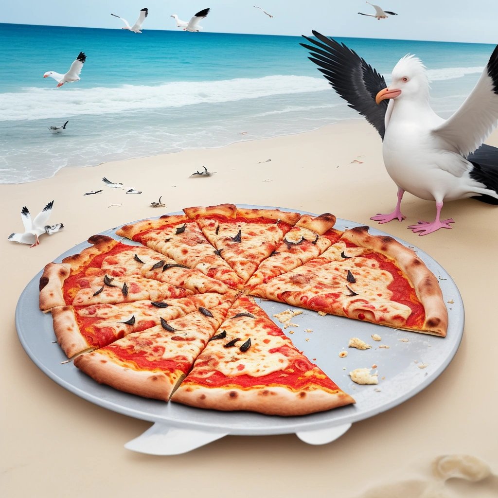 Seagulls stealing pizza from beachgoer