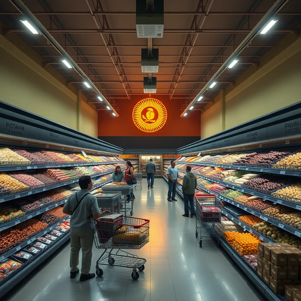 a surreal Brazilian supermarket redesigned under a hyper-organized collectivist system, glowing aisles of rice and beans in the center like a cathedral, luxury pistachios displayed in a museum section, shoppers cooperating with shared carts, humorous but realistic