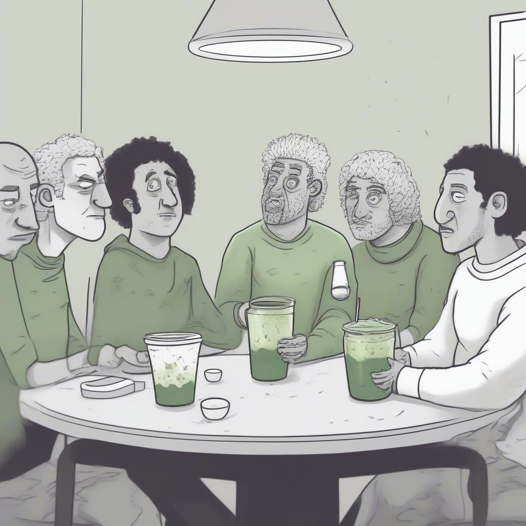 group of cartoonish volcanoes sitting in a circle at a support group meeting, one holding a kale smoothie and looking sheepish, others rolling their eyes