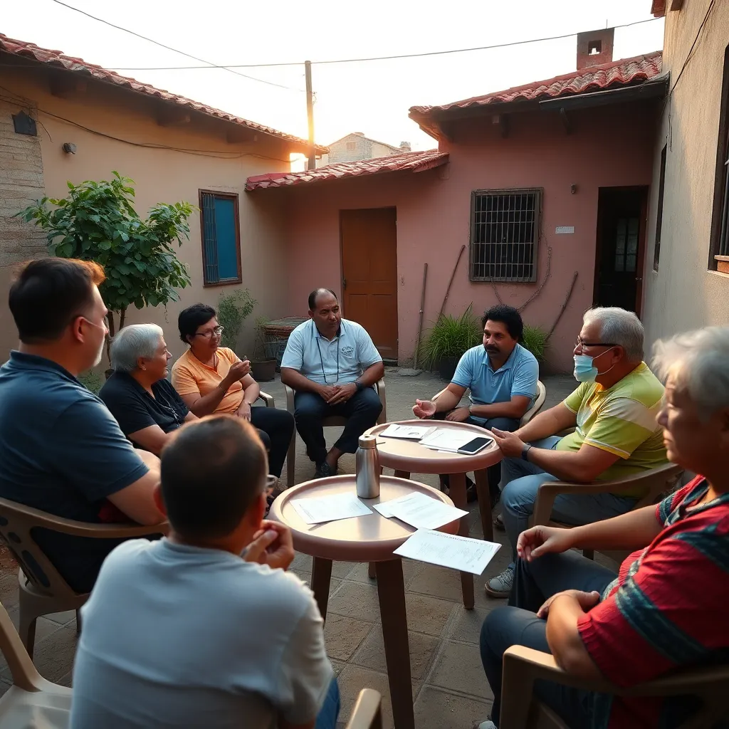 community meeting in a modest neighborhood courtyard at dawn, residents debating seriously around plastic tables about an absurd gaseous incident, coffee thermos, handwritten charts, expressive faces, detailed Brazilian setting