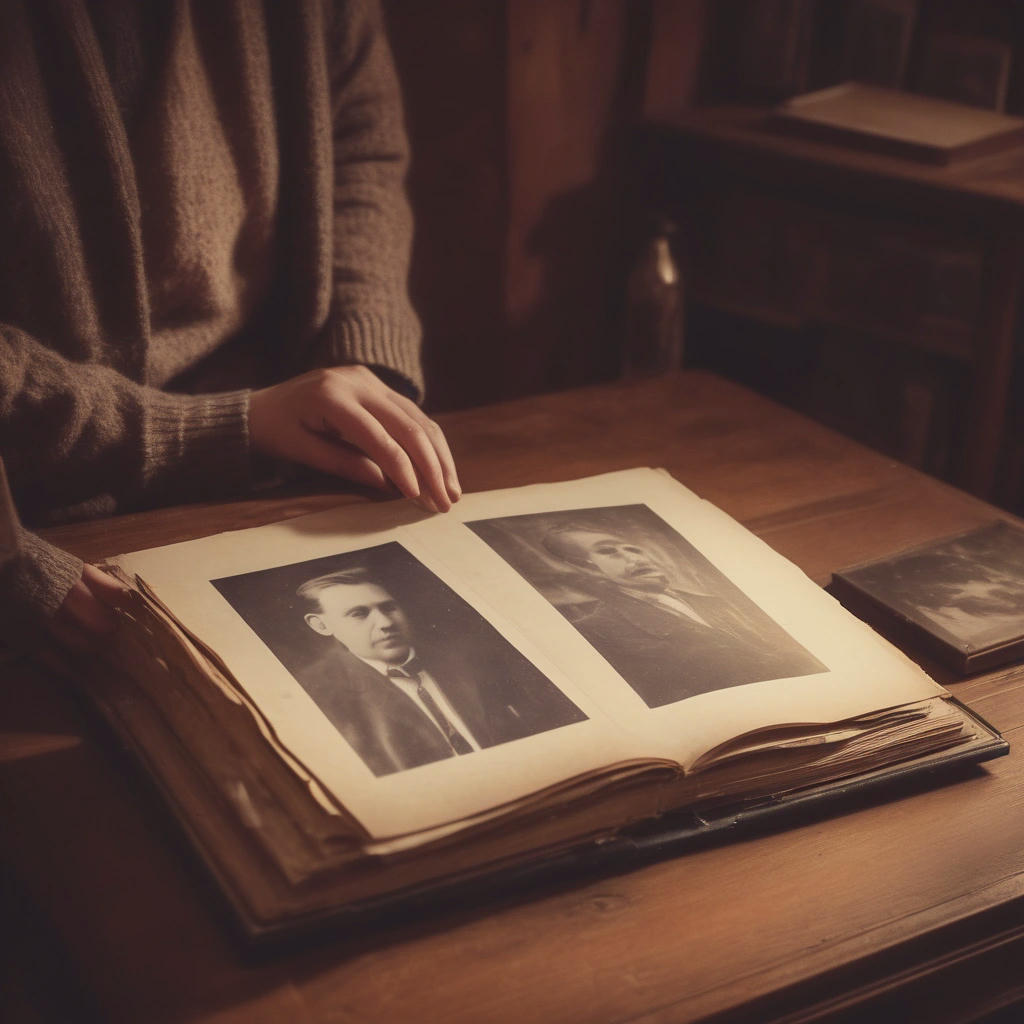 A person looking at a old photo album, with a mix of sadness and nostalgia on their face, warm lighting, cozy atmosphere, old furniture, vintage aesthetic, film grain, cinematic