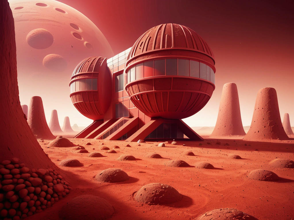 conceptual illustration of a Martian habitat built with potato-based bricks, red Martian landscape, futuristic architecture