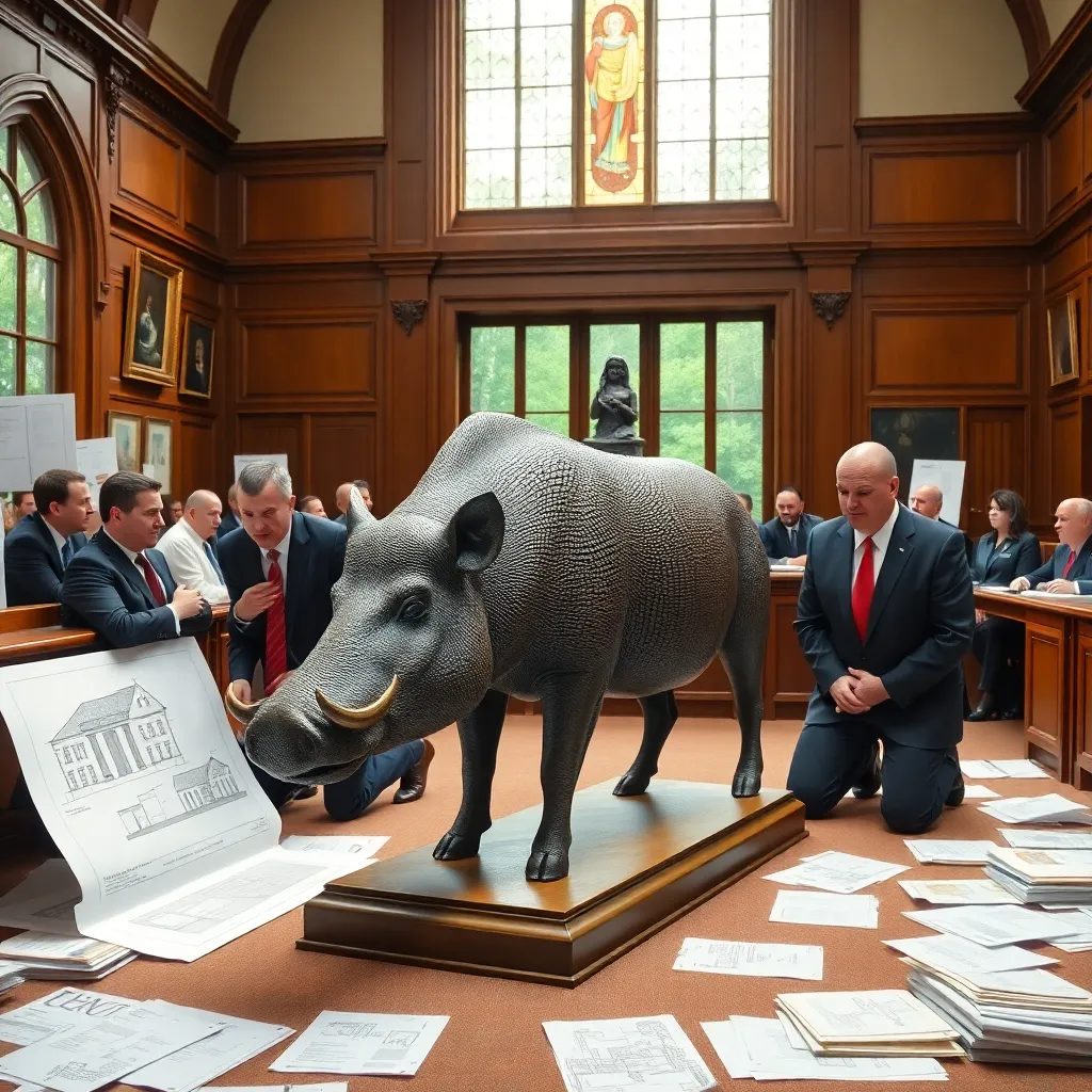 bronze statue proposal scene in a quaint town council chamber, officials in suits awkwardly kneeling beside architectural sketches of a majestic warthog with yogic posture, papers everywhere, stained glass morning light, comedic but realistic civic grandeur