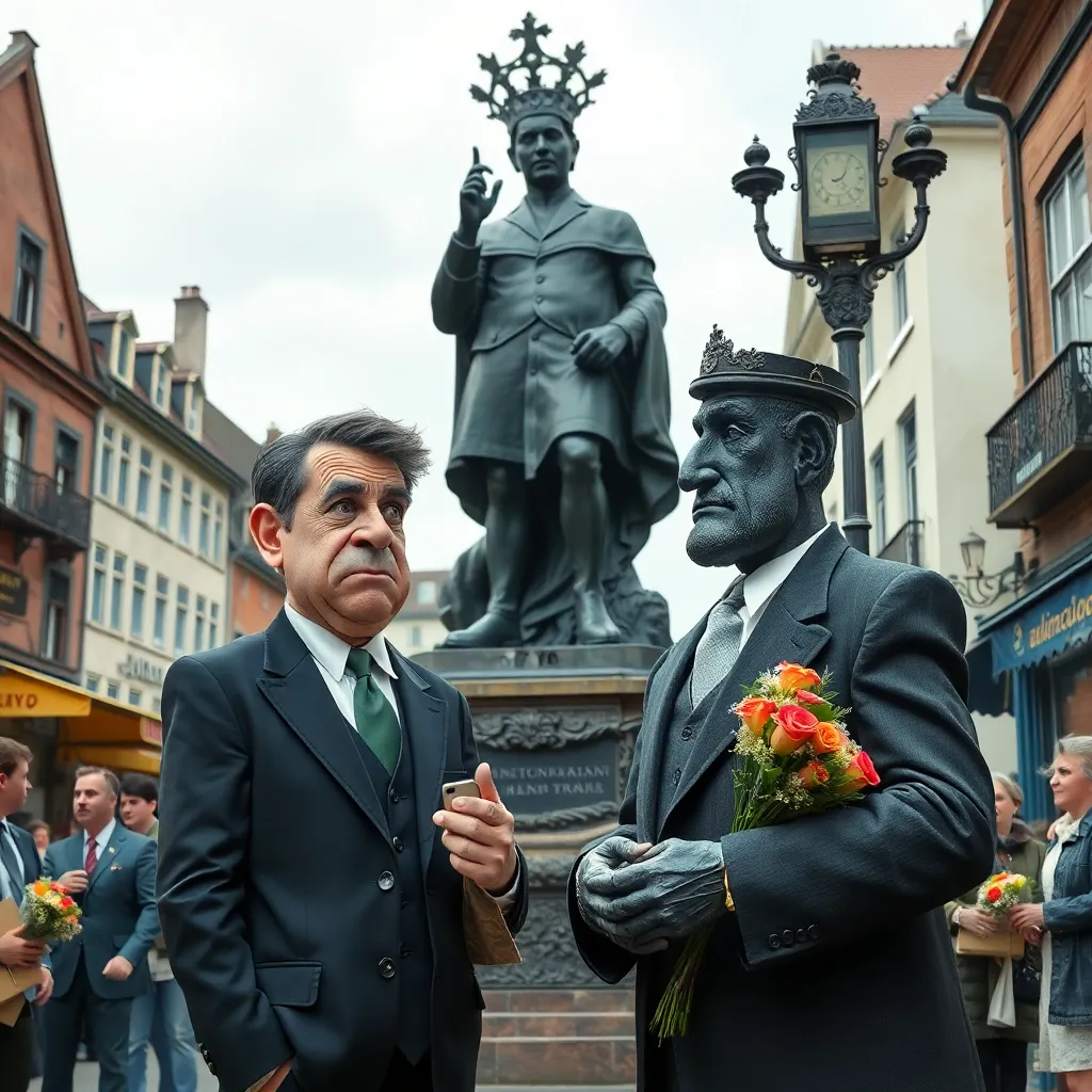 a frazzled deputy mayor in formal town attire being sternly advised by a towering bronze statue in a busy European-style market square, townspeople pretending not to watch, bouquets, bakery signs, comic tension, richly detailed, realistic but absurd