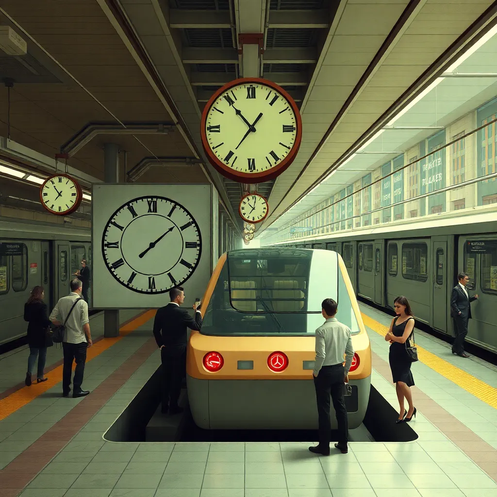 a surreal city train station redesigned according to time cube theory, platforms shaped like giant cube faces, commuters in office clothes consulting impossible clocks and geometric maps, one train appearing in four directions at once, whimsical but detailed urban scene