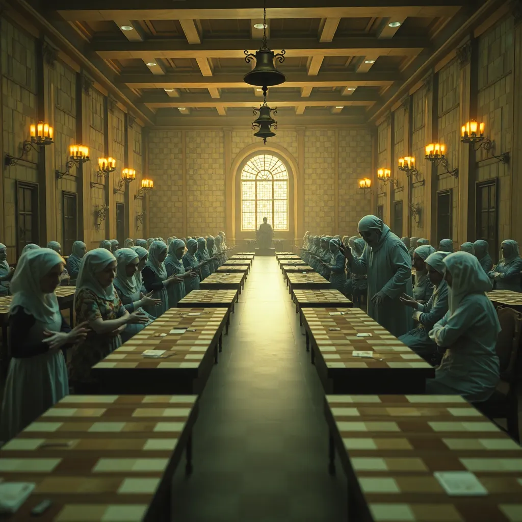 grand spiritual hall with endless checkered tables, solemn ghosts listening to elderly grandmothers and stern pizzaiolos lecturing them, bells glowing above their heads, warm oven light, surreal afterlife bureaucracy, richly detailed cinematic composition