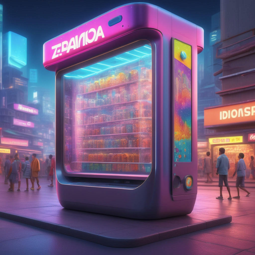 A futuristic illustration of a bazonga vending machine, set against a bustling cityscape, with people of all ages and backgrounds eagerly purchasing and enjoying bazongas, vibrant, colorful, and playful, 4k, highly detailed, trending on artstation