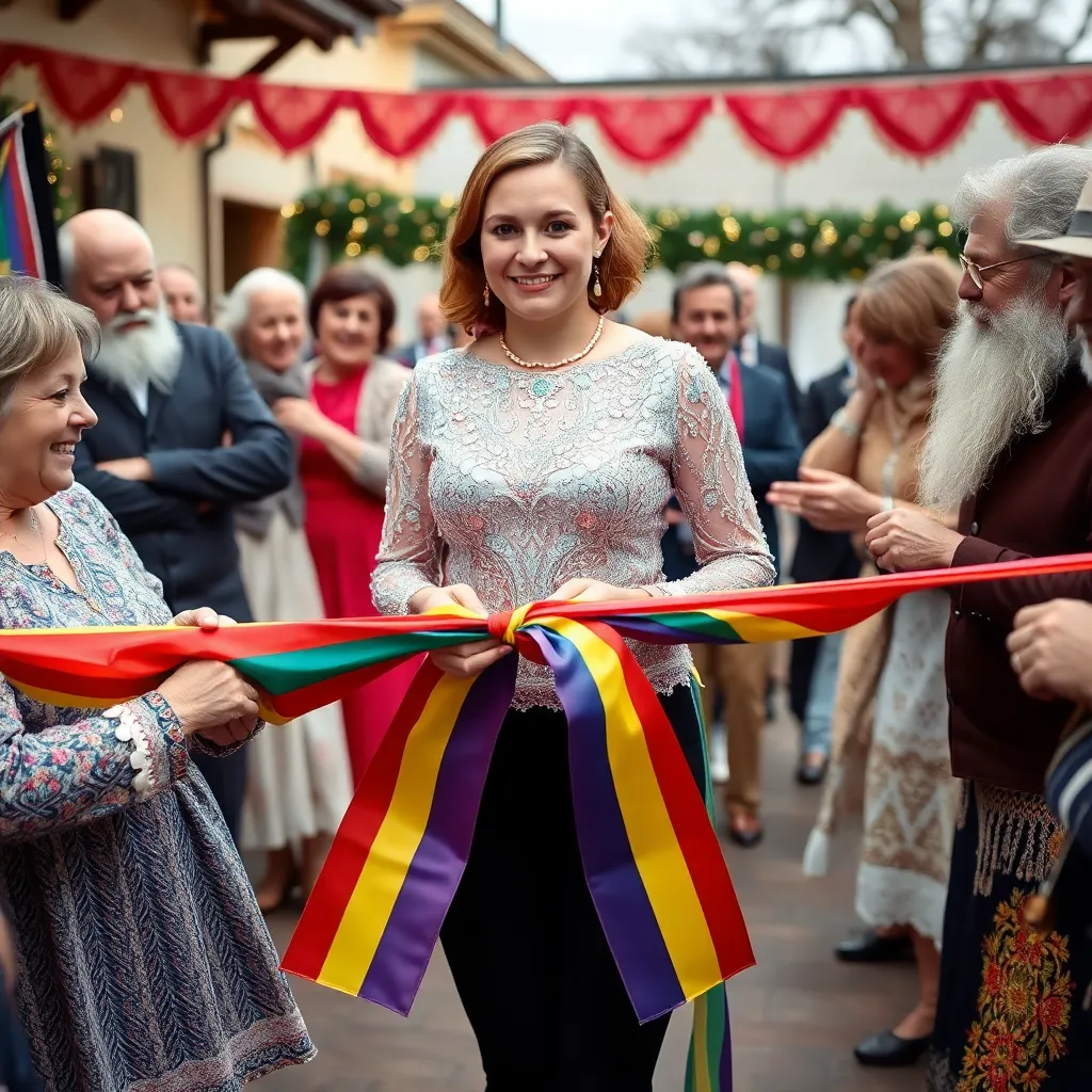 Teenage transgender mayor in a sparkling vyshyvanka cutting a ribbon made of rainbow fabric, surrounded by elderly people dancing the hopak with glitter beards