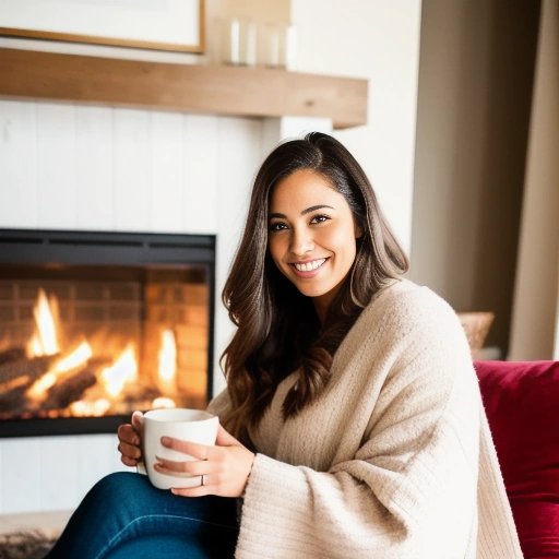 Child enjoying hot chocolate by the fireplace