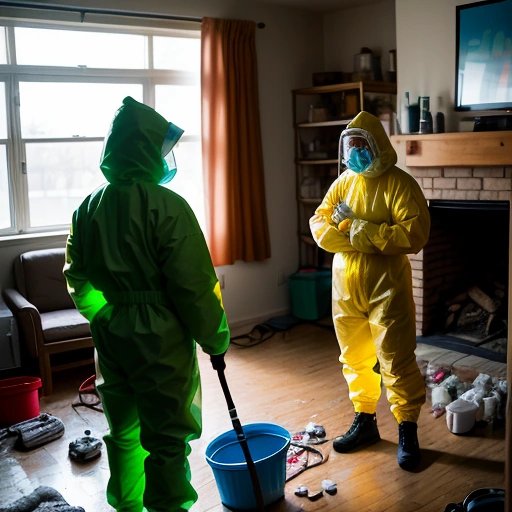 Couple in hazmat suits cleaning up septic waste in their living room