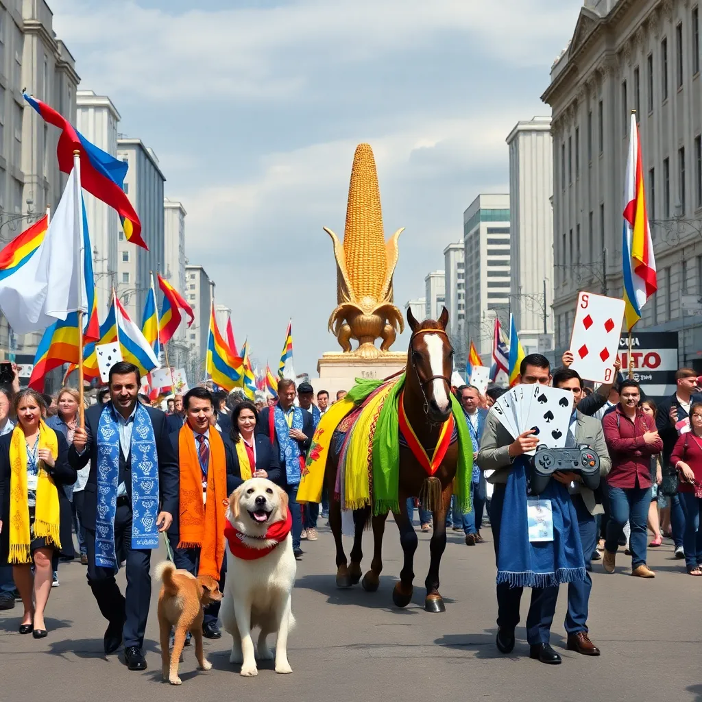 grand civic parade in a surreal Ukrainian city, businesspeople with spa towels, dogs wearing ceremonial scarves, rainbow and white flags waving beside national colors, a dignified horse near a corn monument, people carrying giant playing cards and video game controllers, festive absurd atmosphere