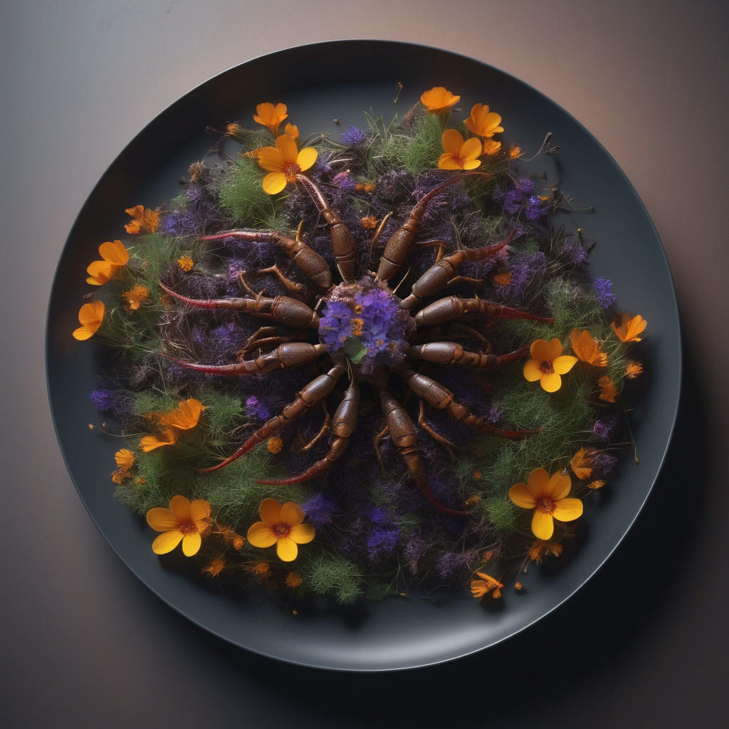 A beautifully arranged plate of roasted scorpions, garnished with microgreens and edible flowers, high-quality, detailed, photorealistic, 4k, cinematic lighting, concept art by Simon Stalenhag