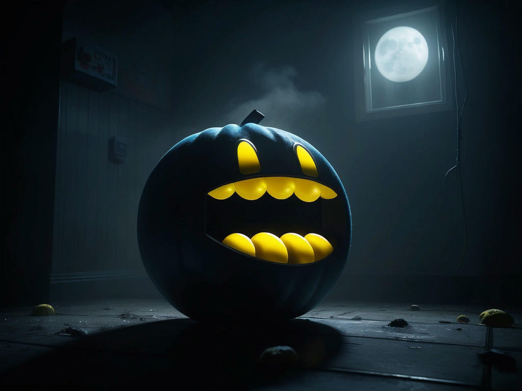 Pac-Man returning to normal after power pellet effect wears off, ghosts regaining their strength, dark and eerie atmosphere