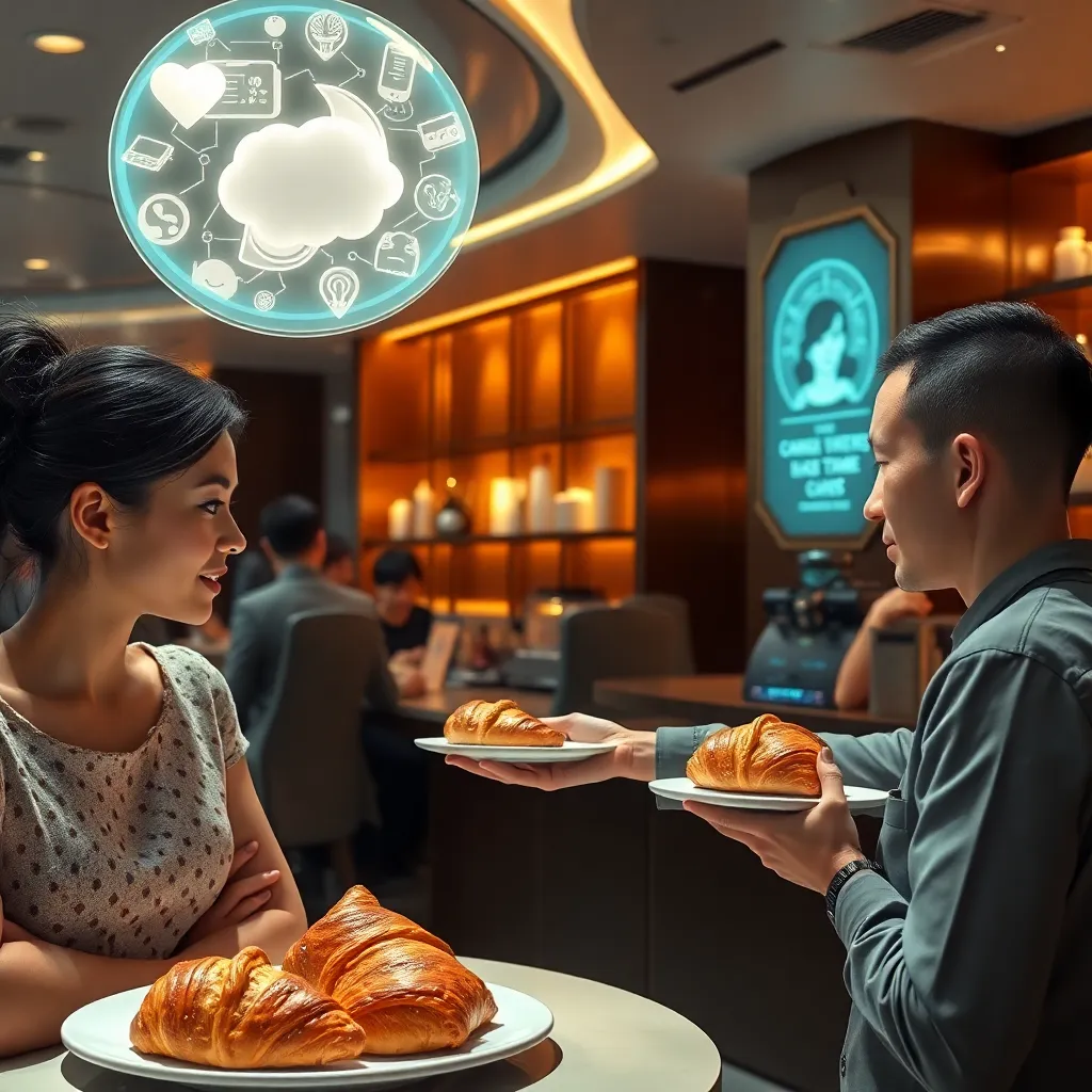 stylish futuristic cafe interior, customers ordering pastries through subtle neural interfaces, barista serving elegant croissants while glowing thought-icons hover above patrons, warm lighting, whimsical luxury, highly detailed