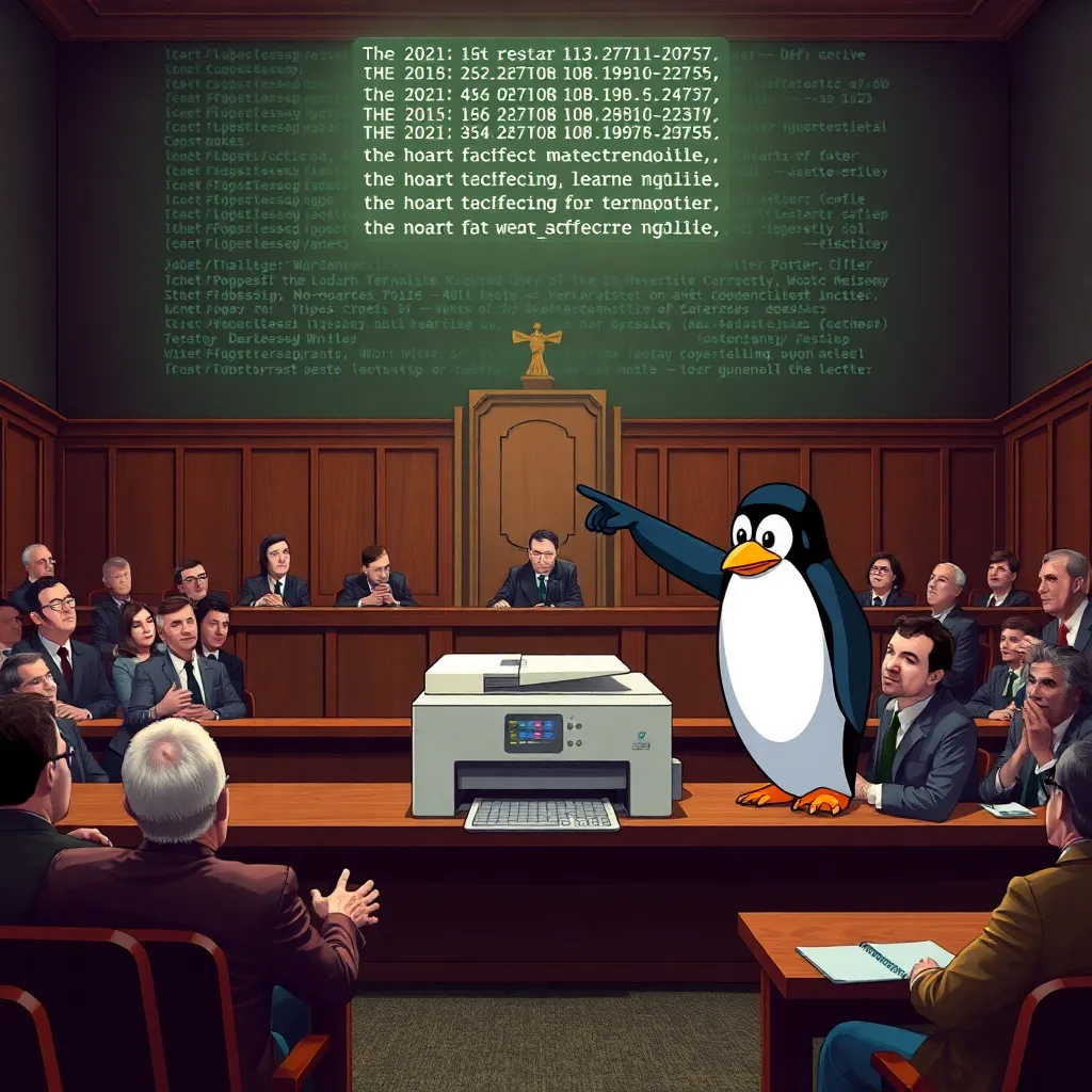 surreal internet courtroom where a sad office printer is on trial, a smug cartoon penguin points accusingly, terminal code floats in the air like sacred scripture, audience of meme judges reacting dramatically, absurd, richly detailed, vibrant colors