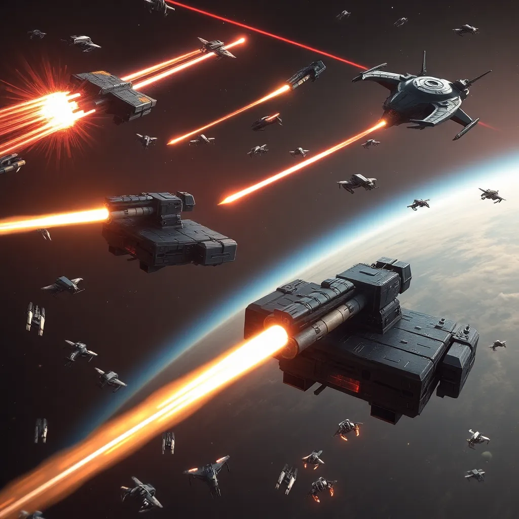 mobile electromagnetic anti-space defense units deployed on rugged orbital platforms and fast space vehicles, railguns firing luminous projectiles at swarms of enemy drones while orbital lasers cut across space, dynamic action scene, realistic hard sci-fi, epic but practical atmosphere