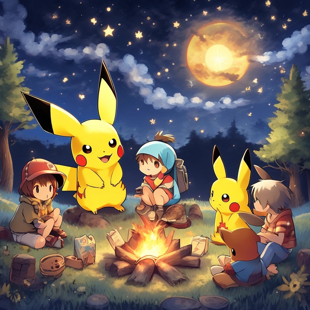 Pikachu and friends around the campfire