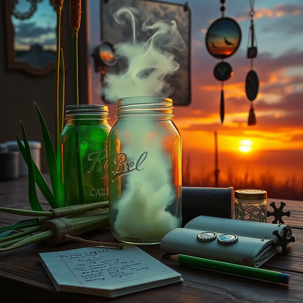 close-up still life on a swamp shaman's table at a myth and legends expo, mason jar filled with glowing fog, cracked bowling trophy, cattails, legal pad with green pencil notes, hanging mirrors reflecting storms and sunsets, strange talismans of fish vertebrae and bottle caps, eerie yet whimsical retro realism