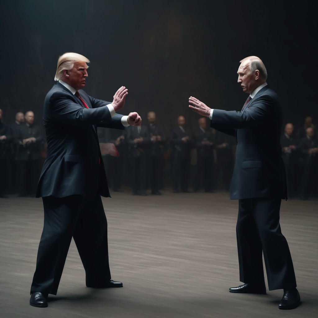 Donald Trump and Vladimir Putin facing off in a dramatic, slow-motion Kung Fu battle, with Joe Biden watching from the sidelines, highly detailed, cinematic lighting, 4k, dramatic atmosphere