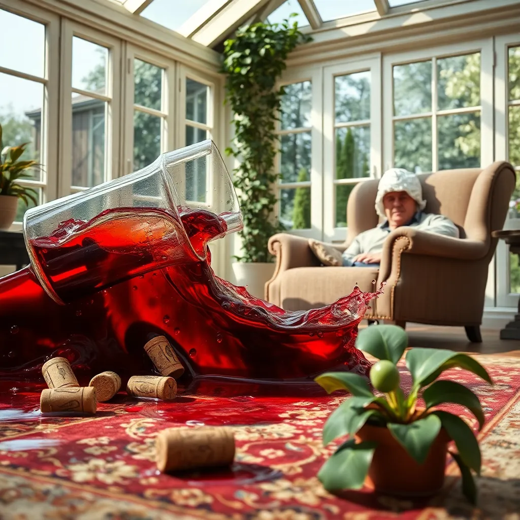 A wine glass overflowing catastrophically in a sun-drenched conservatory, a miniature tsunami wave made of deep red liquid surging across a Persian rug, corks bobbing like life rafts, a single green olive washed up on a potted begonia, a man in a tinfoil hat staring blankly from behind a overturned armchair