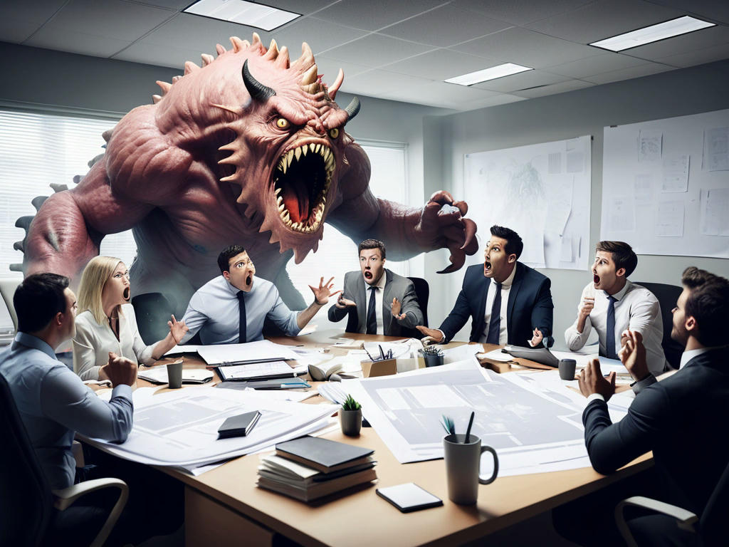 Chaotic office meeting with Scope Creep Monster